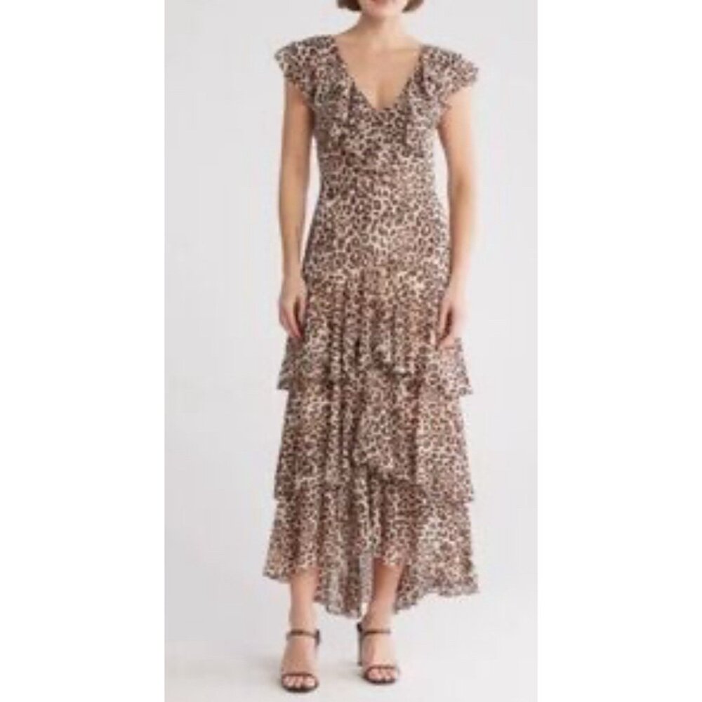 WAYF Leopard Print Midi Dress XS Extra Small Brown Black Flowy NEW